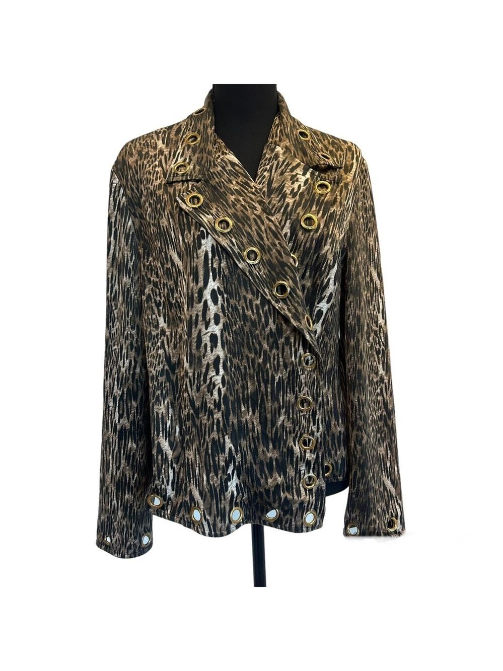 Joseph Ribkoff Brown black leopard print long sleeve grommet trim blazer blouse